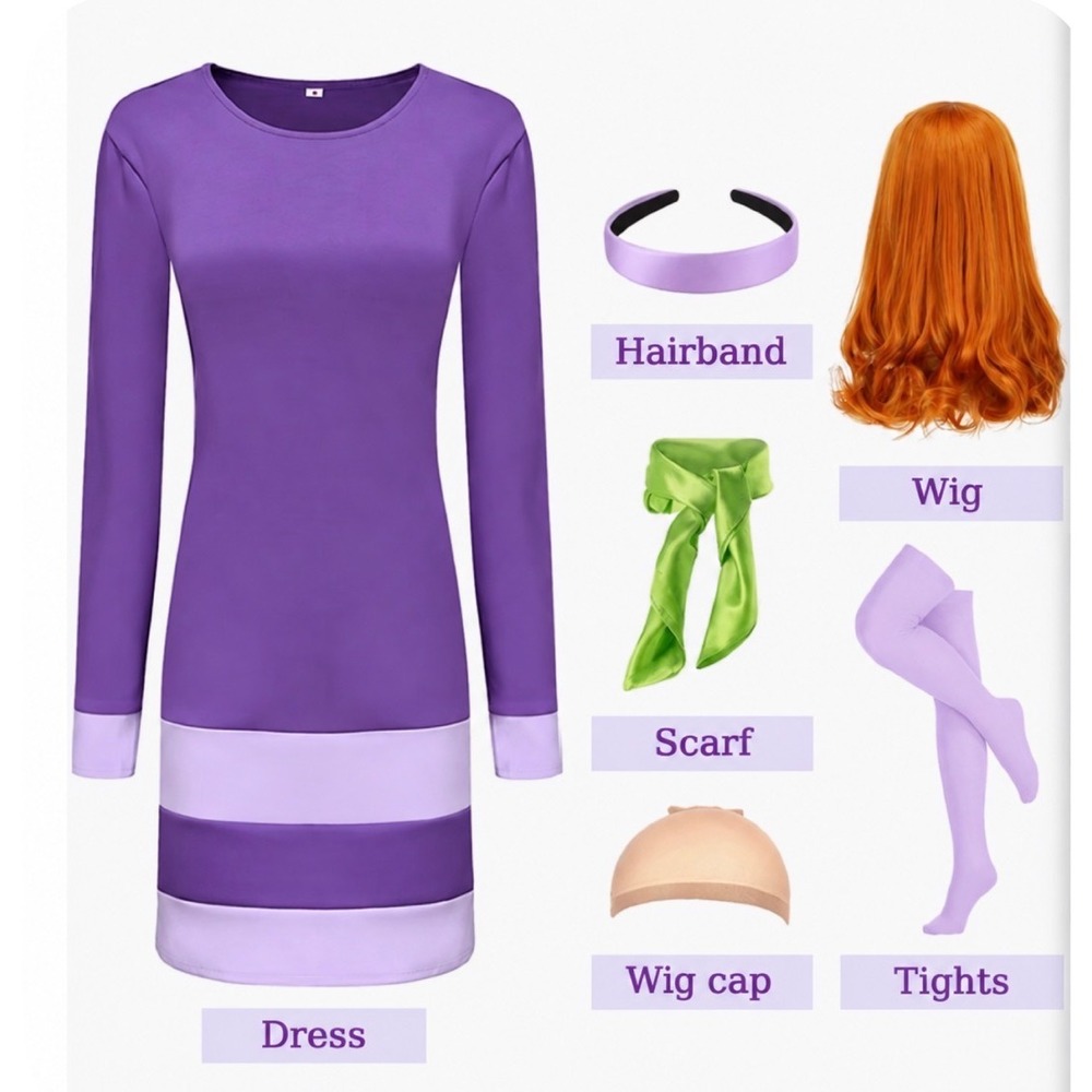 Daphne Blake Cosplay Costume Set Purple Dress Wig Scarf Tights XL 6pc